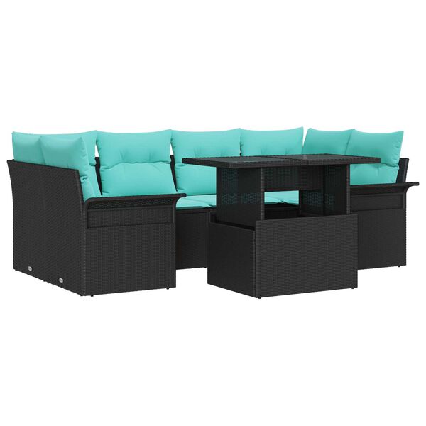 vidaXL 7 Piece Garden Sofa Set with Cushions Black Poly Rattan