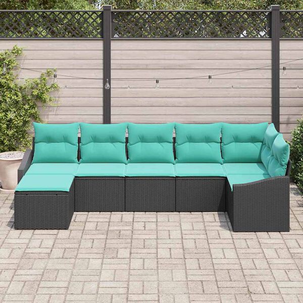 vidaXL Sofa Set with Cushion 7 pcs Black Poly Rattan