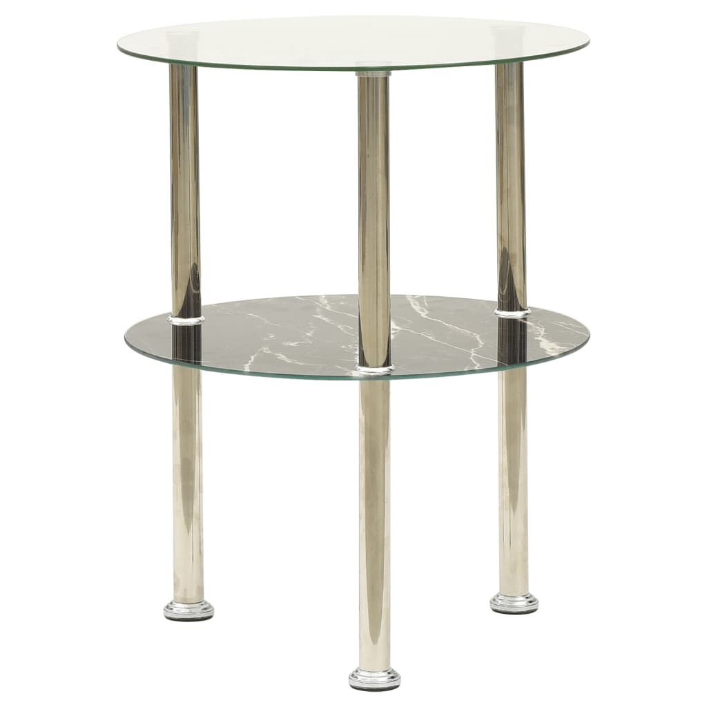 vidaXL 2-Tier Side Table Transparent & Black Marble 38 cm Tempered Glass