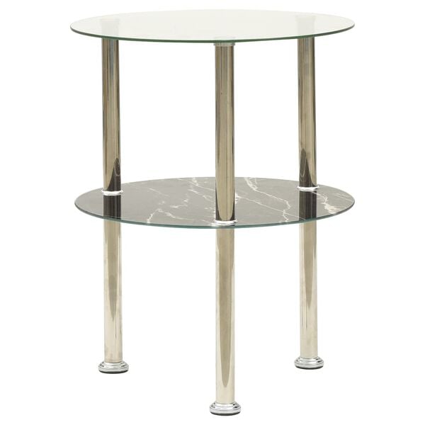 vidaXL 2-Tier Side Table Transparent & Black Marble 38 cm Tempered Glass