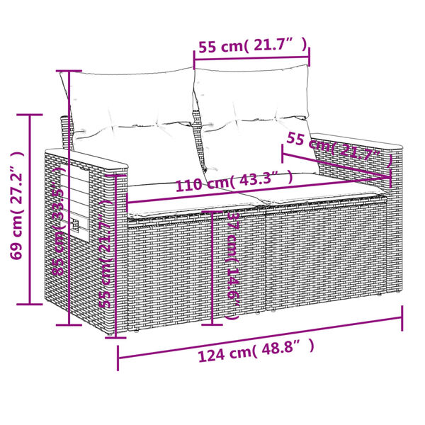 vidaXL Garden Sofa with Cushions 2-Seater Grey Poly Rattan