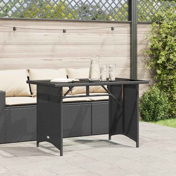 vidaXL Garden Table with Glass Top Black 110x68x70 cm Poly Rattan