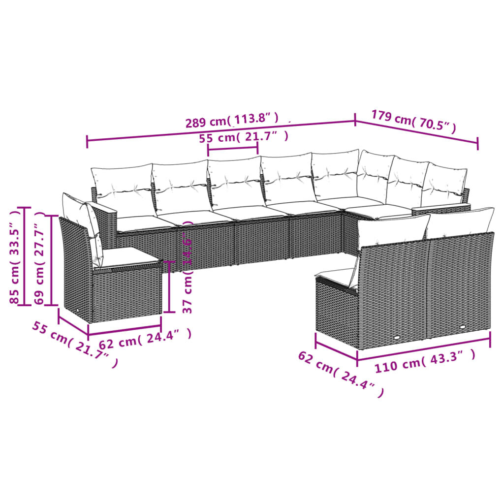 vidaXL 10 Piece Garden Sofa Set with Cushions Black Poly Rattan