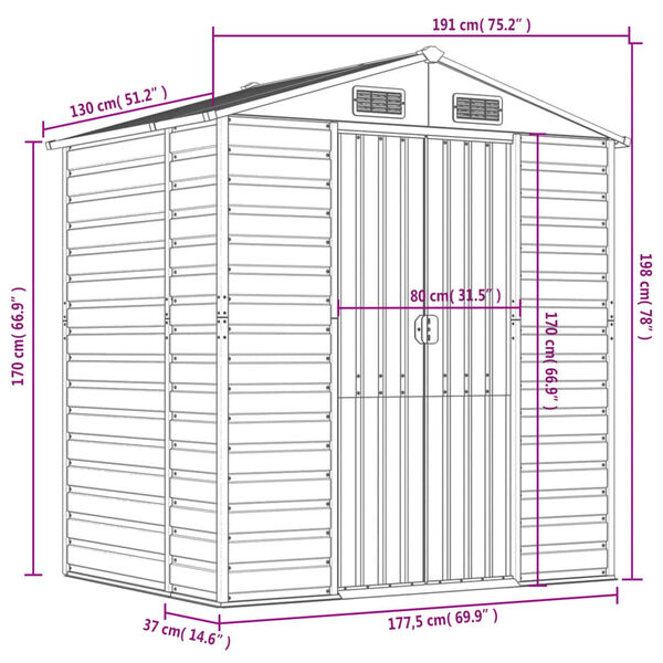 vidaXL Garden Shed Brown 191x130x198 cm Galvanised Steel