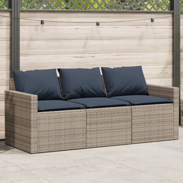 vidaXL Garden Sofa with Cushions 3-Seater Grey Poly Rattan