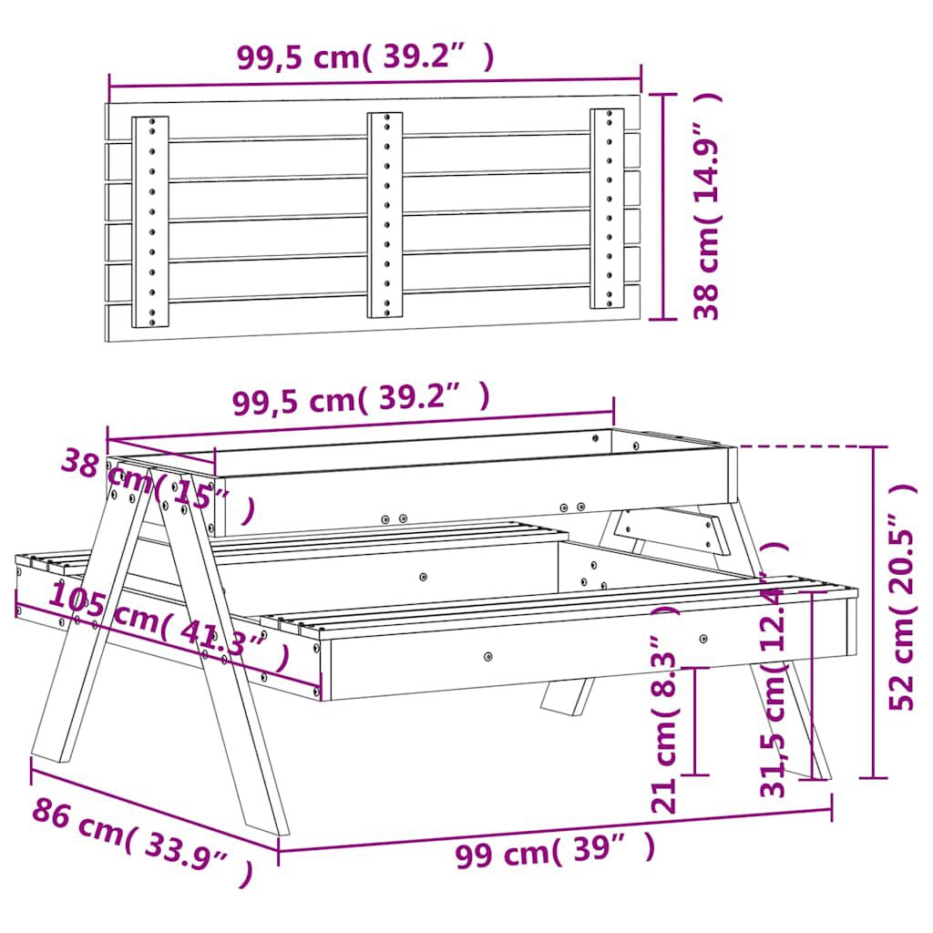 vidaXL Picnic Table with Sandpit for Kids Solid Wood Pine