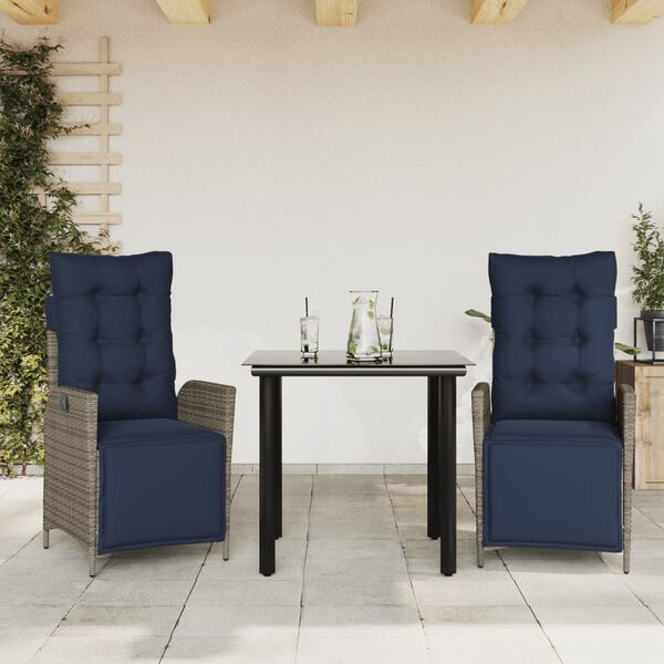 vidaXL 3 Piece Garden Dining Set with Cushions Grey Poly Rattan
