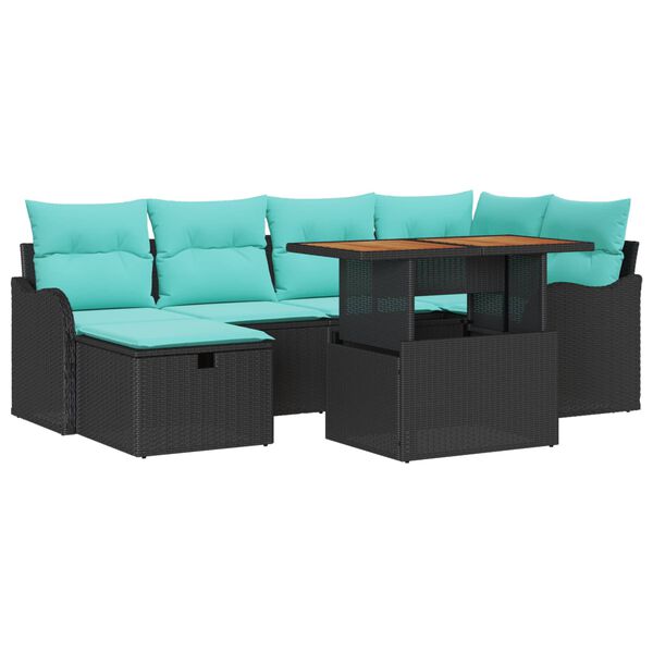 vidaXL Garden Sofa Set with Cushion 7 pcs Black Poly Rattan