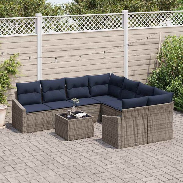 vidaXL Sofa Set with Cushion 9 pcs Grey and Navy Poly Rattan