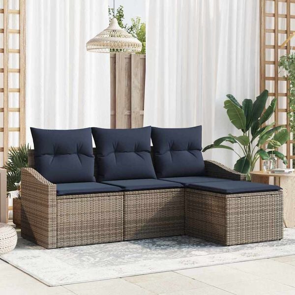vidaXL Sofa Set with Cushion 4 pcs Grey Poly Rattan