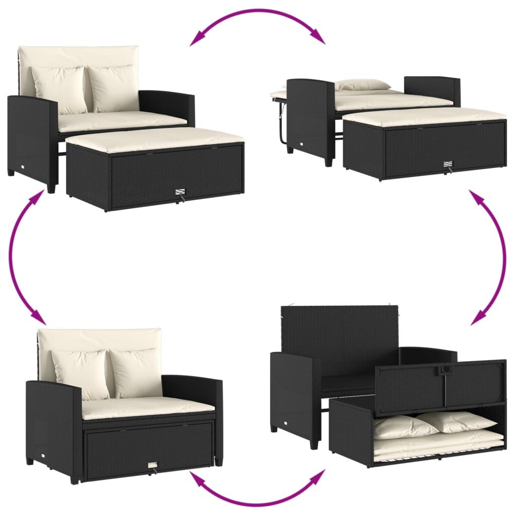 vidaXL Garden Sofa with Cushions 2-Seater Black Poly Rattan