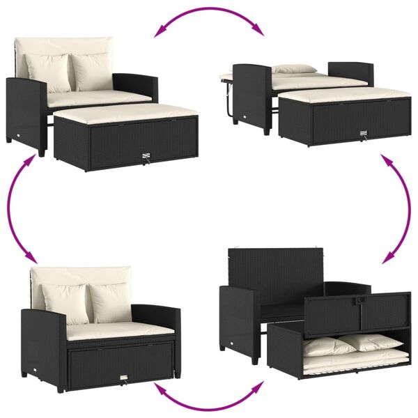 vidaXL Garden Sofa with Cushions 2-Seater Black Poly Rattan