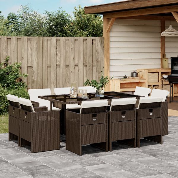 vidaXL 11 Piece Garden Dining Set with Cushions Brown Poly Rattan