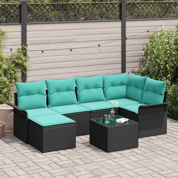 vidaXL 7 Piece Garden Sofa Set with Cushions Black Poly Rattan
