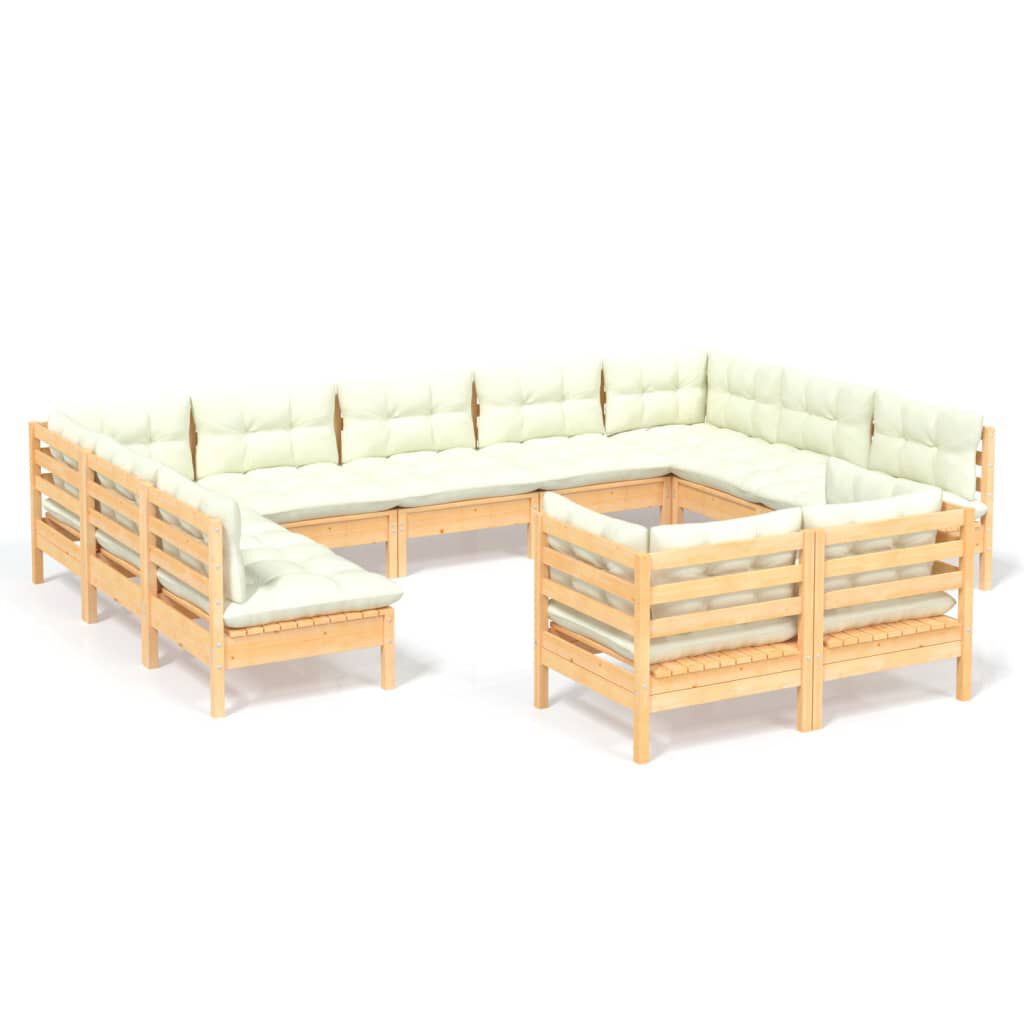 vidaXL 11 Piece Garden Lounge Set with Cream Cushions Solid Pinewood