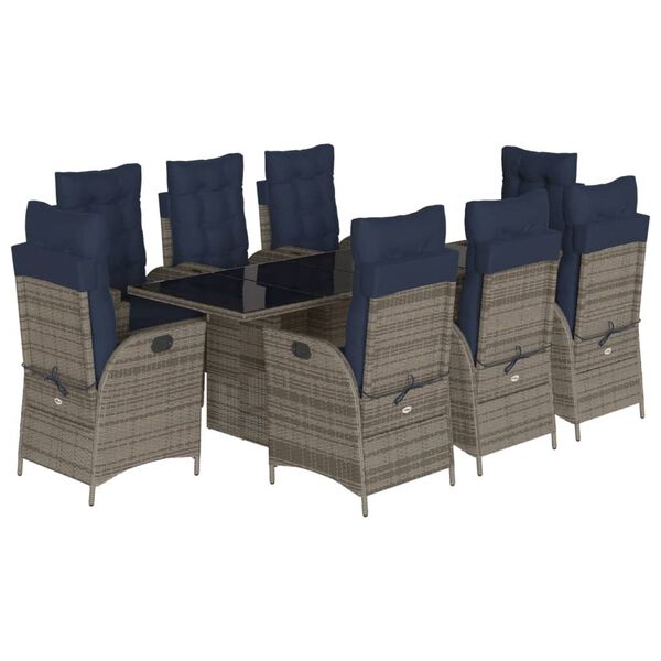 vidaXL 9 Piece Garden Dining Set with Cushions Grey Poly Rattan