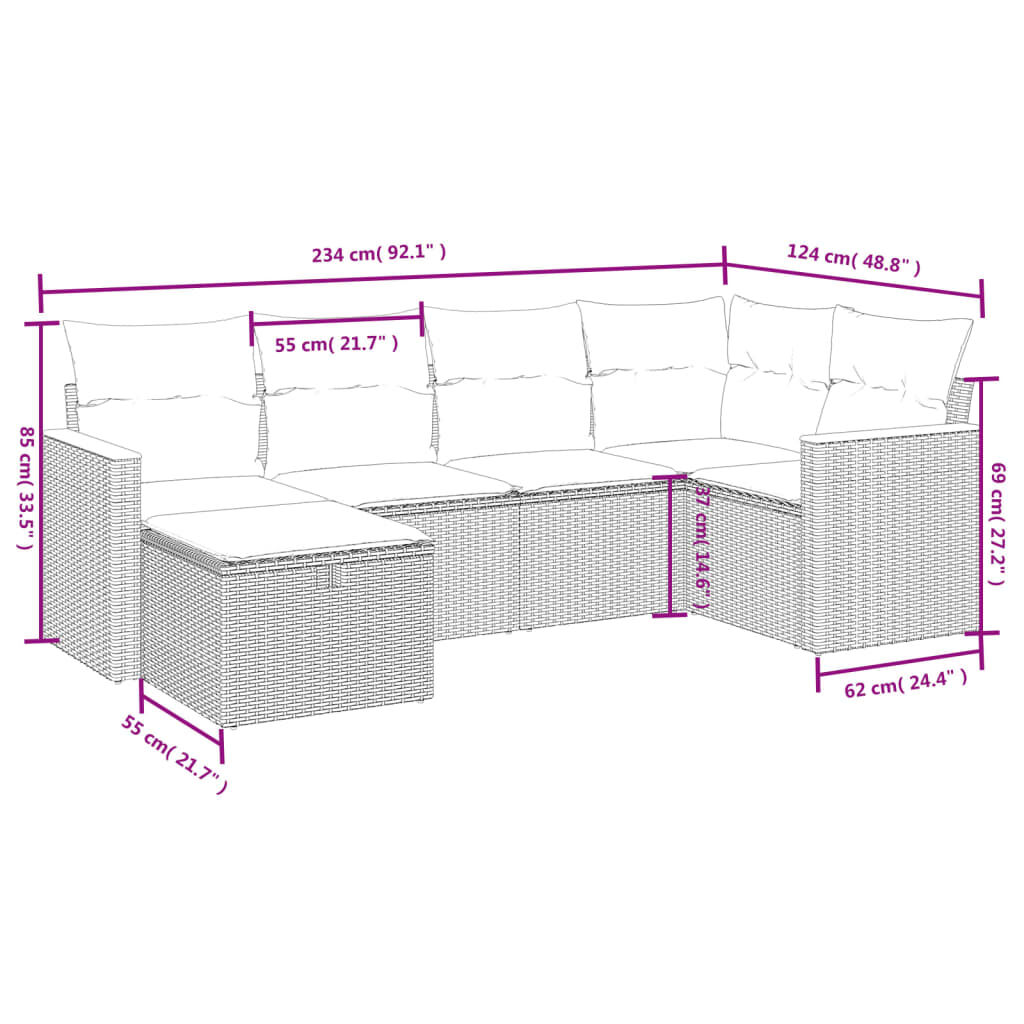 vidaXL 6 Piece Garden Sofa Set with Cushions Grey Poly Rattan