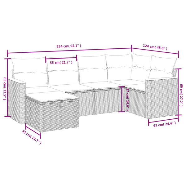 vidaXL 6 Piece Garden Sofa Set with Cushions Grey Poly Rattan