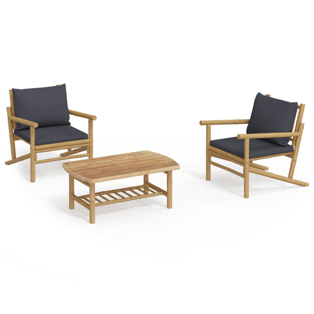 vidaXL 3 Piece Garden Lounge Set with Dark Grey Cushions Bamboo