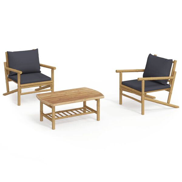 vidaXL 3 Piece Garden Lounge Set with Dark Grey Cushions Bamboo