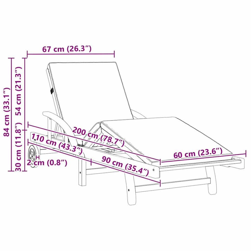 vidaXL Sun Lounger Reclining Red 200 x 67 x 84cm Solid Acacia wood