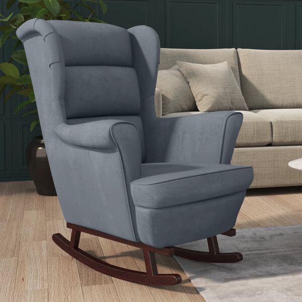 vidaXL Rocking Chair with Solid Wood Rubber Legs Dark Grey Velvet