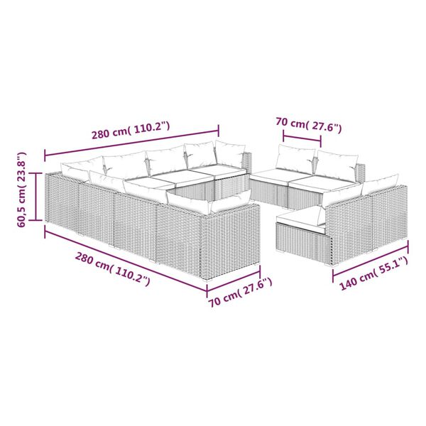 vidaXL 11 Piece Garden Lounge Set with Cushions Black Poly Rattan