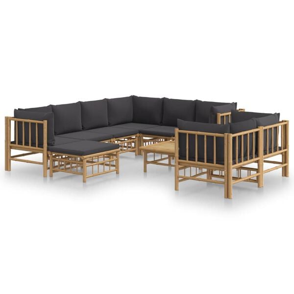 vidaXL 10 Piece Garden Lounge Set with Dark Grey Cushions Bamboo