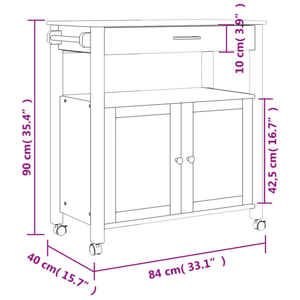 vidaXL Kitchen Trolley MONZA 84x40x90 cm Solid Wood Pine