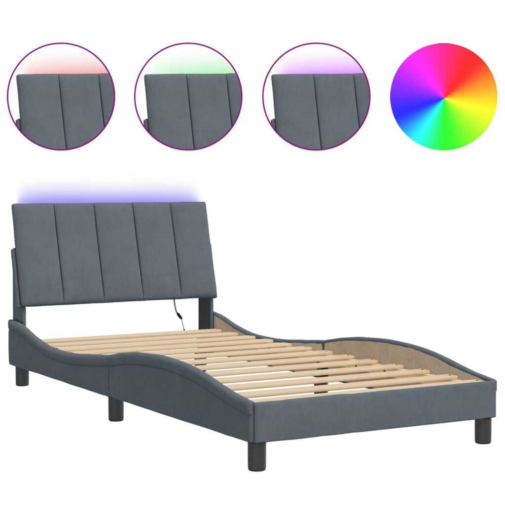 vidaXL Bed Frame with LED without Mattress "Hanko" Dark Grey 100x190 cm Velvet