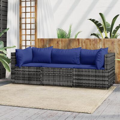 vidaXL 3 Piece Garden Lounge Set with Cushions Grey Poly Rattan