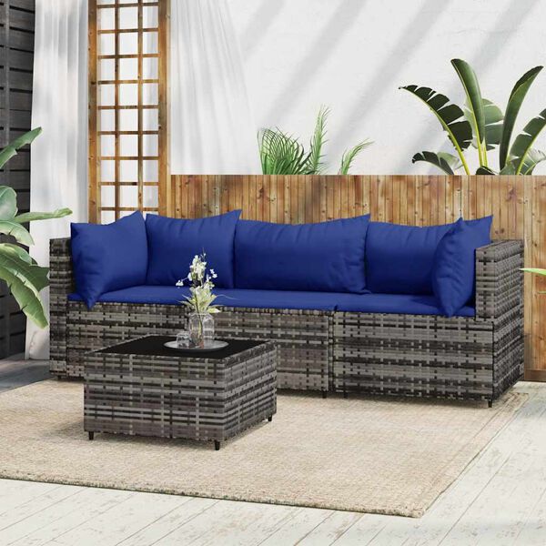 vidaXL 4 Piece Garden Lounge Set with Cushions Grey Poly Rattan
