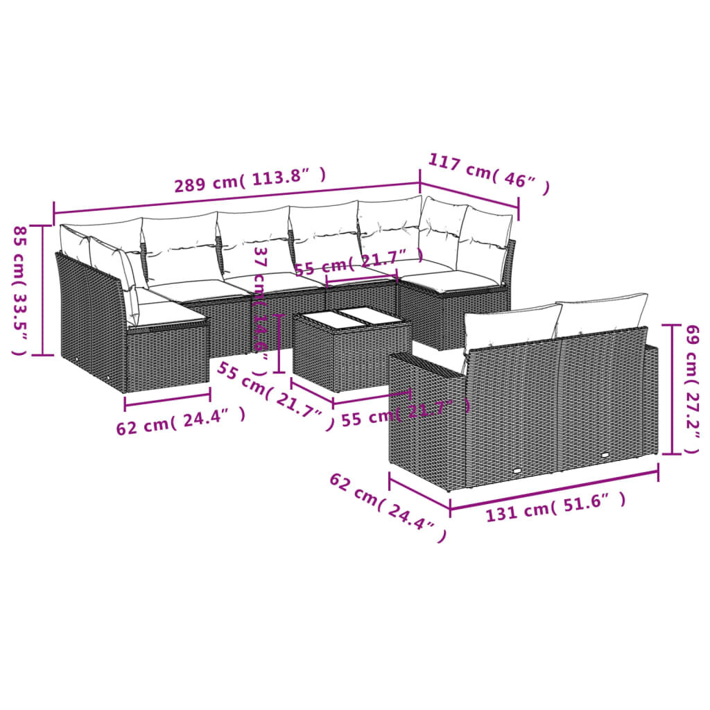 vidaXL 10 Piece Garden Sofa Set with Cushions Black Poly Rattan