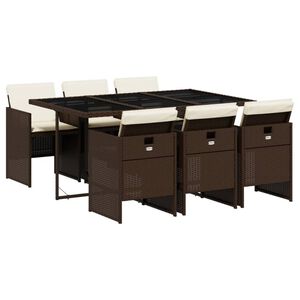 vidaXL 7 Piece Garden Dining Set with Cushions Brown Poly Rattan