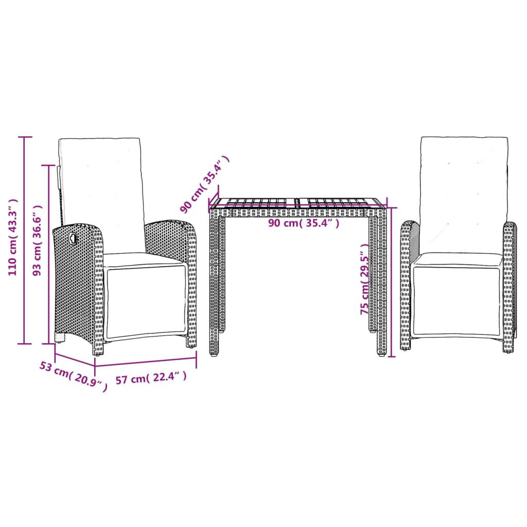 vidaXL 3 Piece Bistro Set with Cushions Grey Poly Rattan