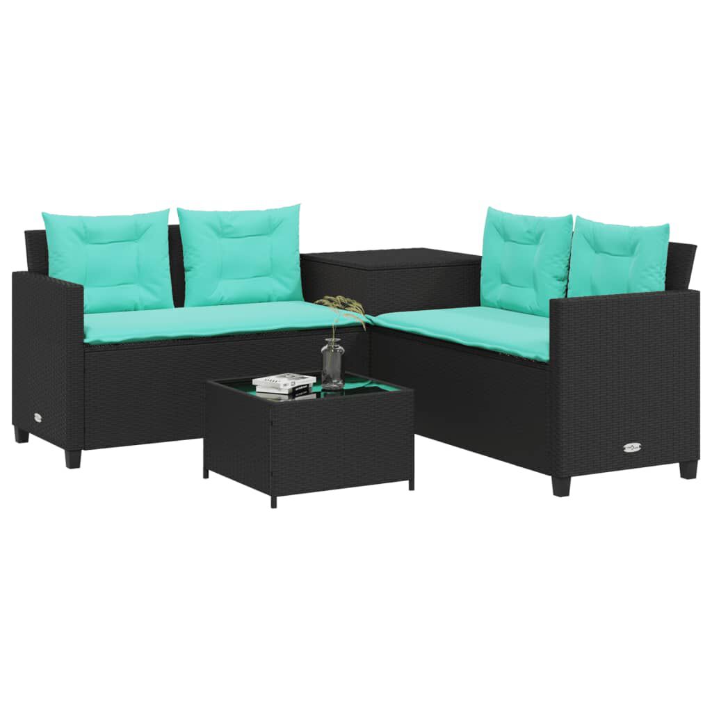 vidaXL Garden Sofa with Table and Cushions L-Shaped Black Poly Rattan