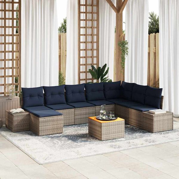 vidaXL Garden Sofa Set with Cushion 9 pcs Grey Poly Rattan