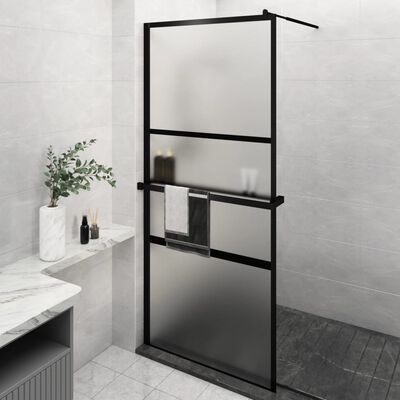 vidaXL Walk-in Shower Wall with Shelf Black 90x195 cm ESG Glass&Aluminium