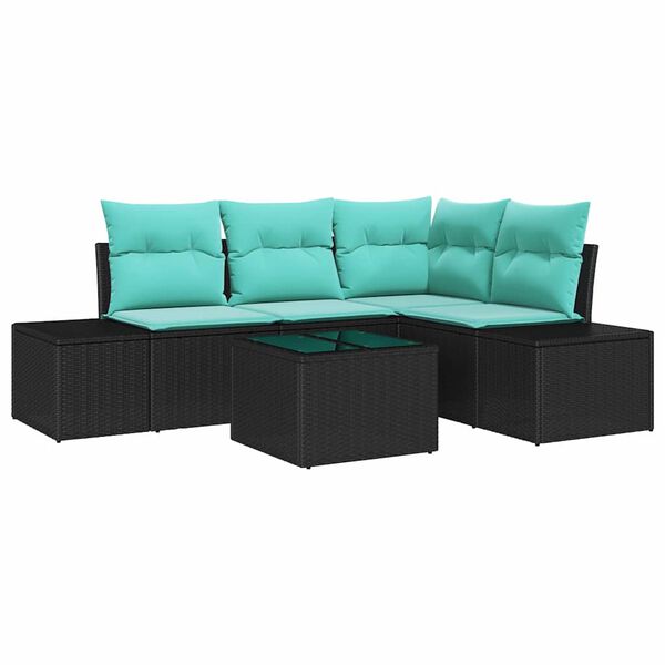 vidaXL Garden Sofa Set with Storage Black and Turquoise Poly Rattan