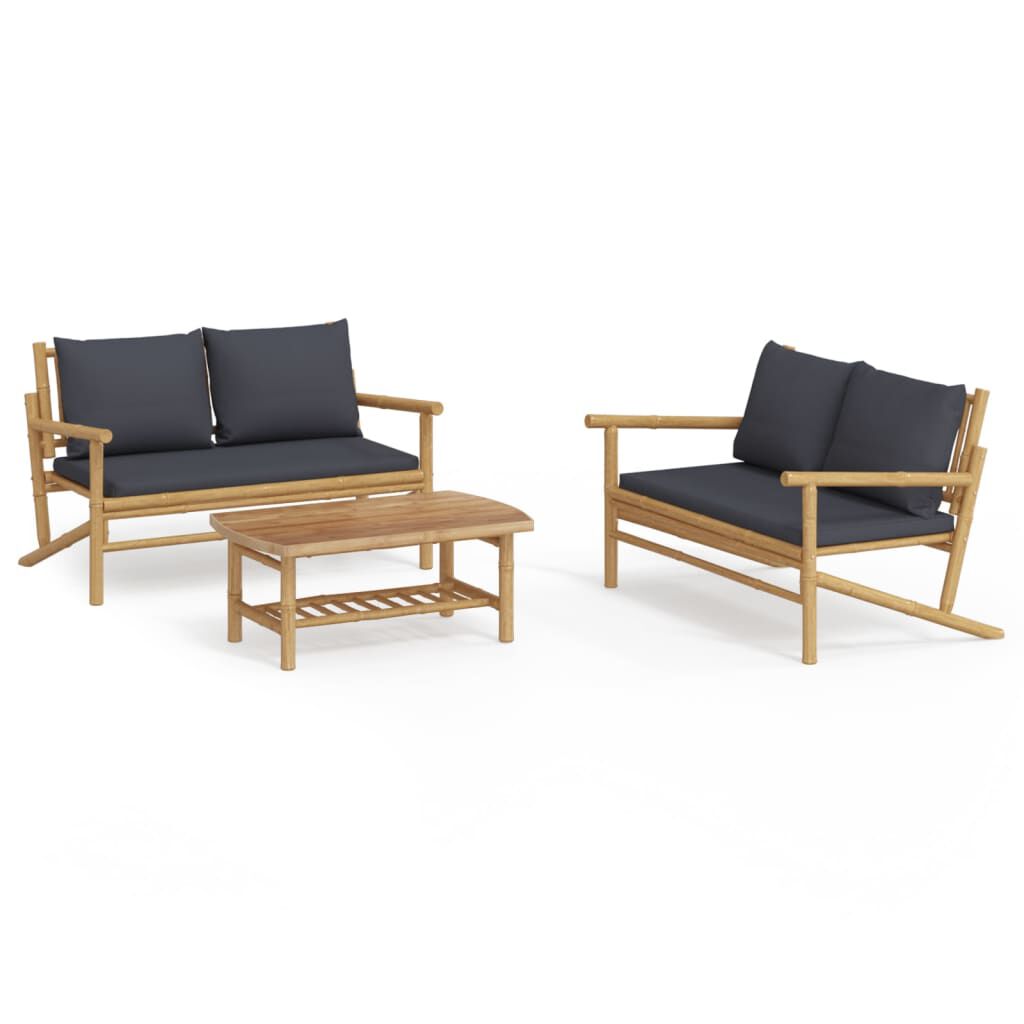 vidaXL 3 Piece Garden Lounge Set with Dark Grey Cushions Bamboo