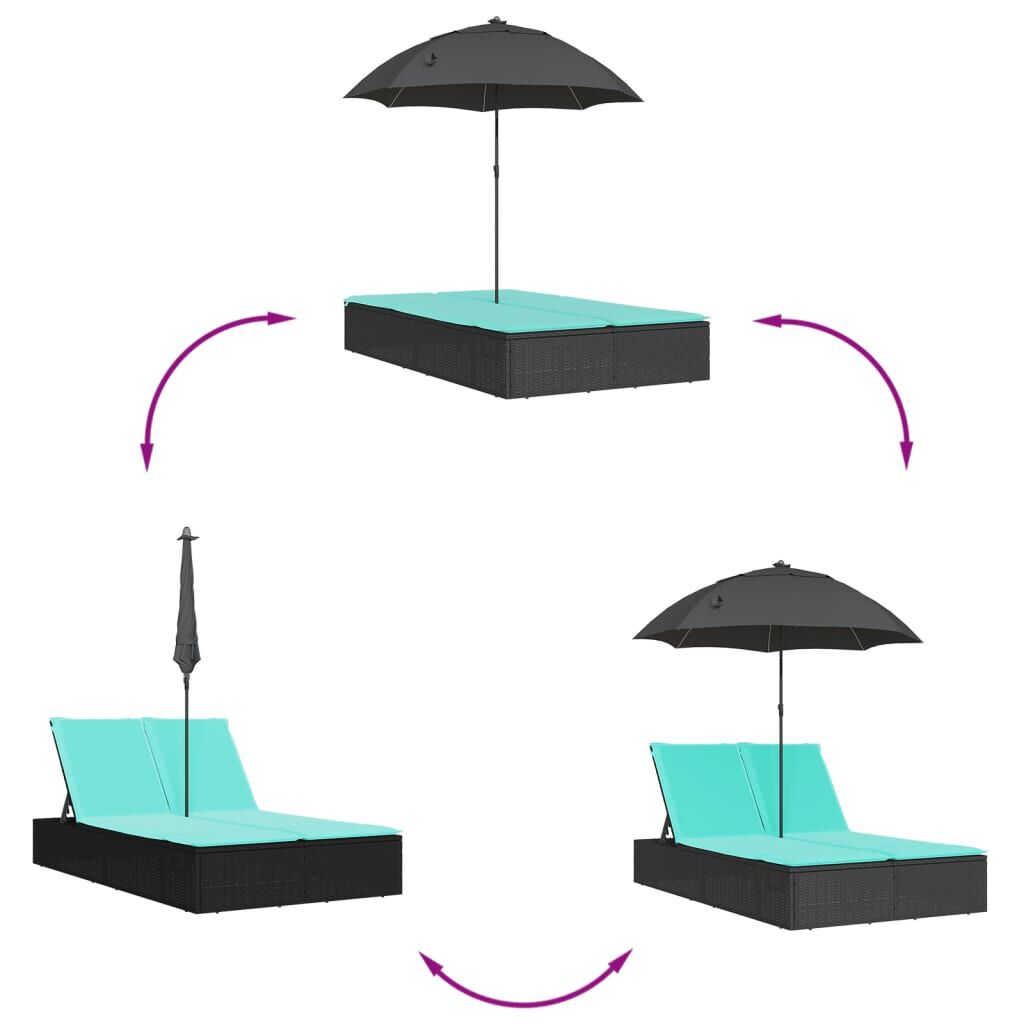 vidaXL Double Sun Lounger with Cushions&Parasol Black Poly Rattan