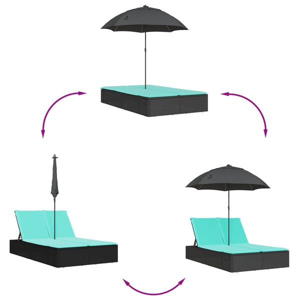 vidaXL Double Sun Lounger with Cushions&Parasol Black Poly Rattan