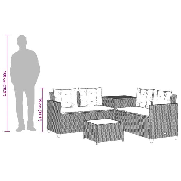 vidaXL Garden Sofa with Table and Cushions L-Shaped Black Poly Rattan