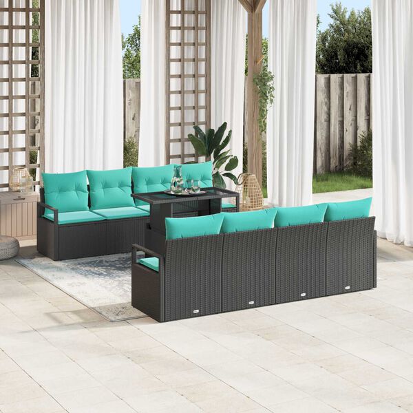 vidaXL 9 Piece Garden Sofa Set with Cushions Black Poly Rattan