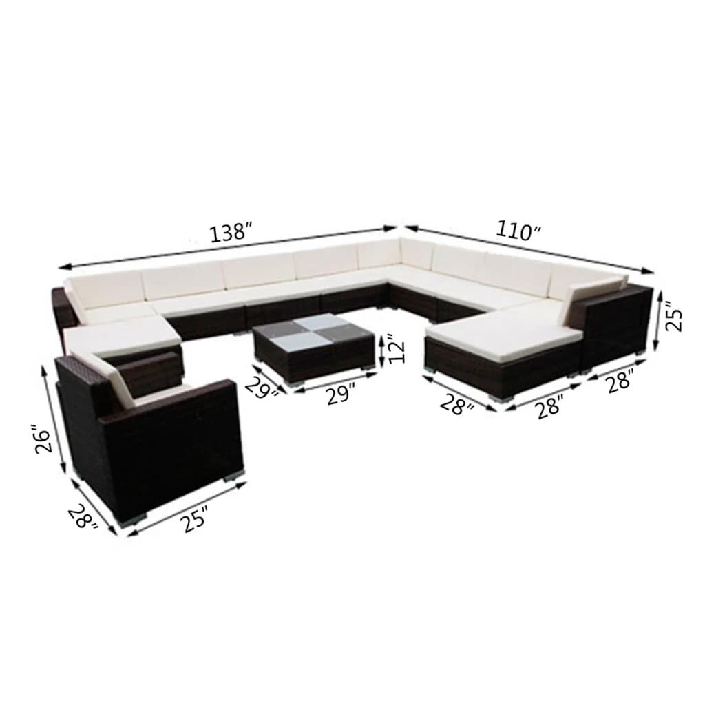 vidaXL 12 Piece Garden Lounge Set with Cushions Poly Rattan Brown