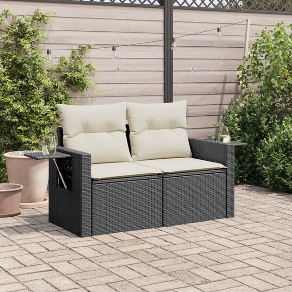 vidaXL Garden Sofa with Cushions 2-Seater Black Poly Rattan