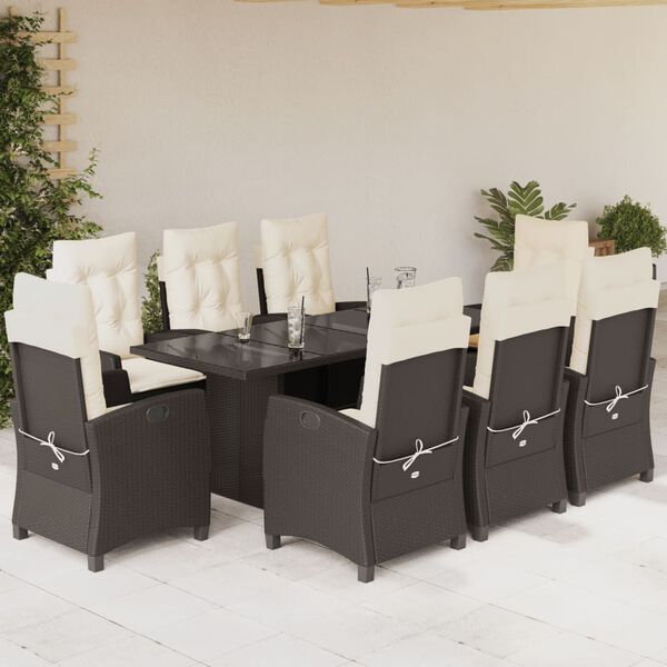 vidaXL 9 Piece Garden Dining Set with Cushions Brown Poly Rattan