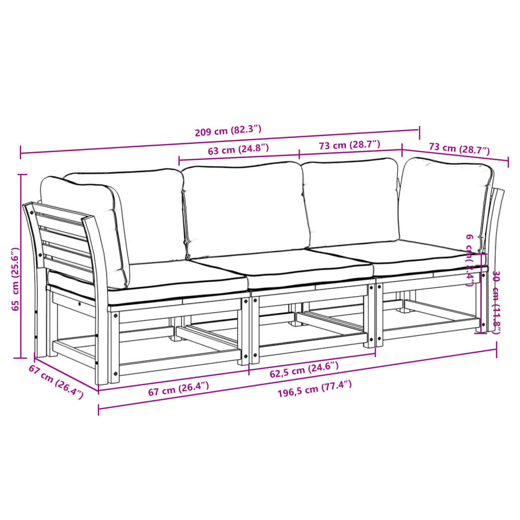 vidaXL 3 Piece Garden Lounge Set with Cushions Solid Wood Acacia