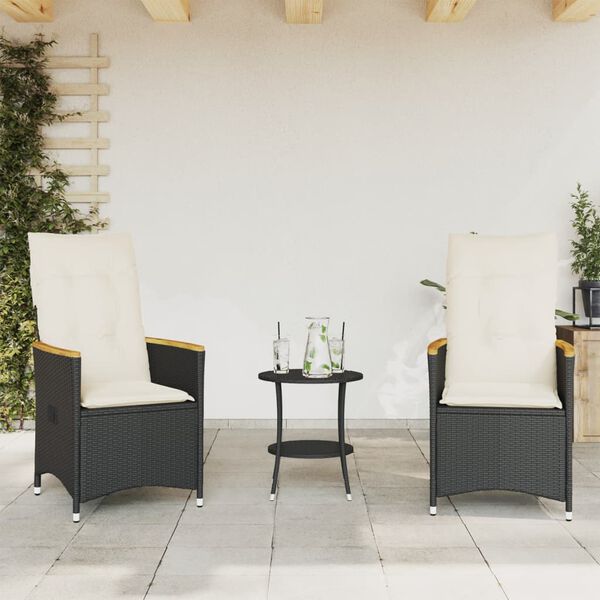 vidaXL 3 Piece Bistro Set with Cushions Black Poly Rattan