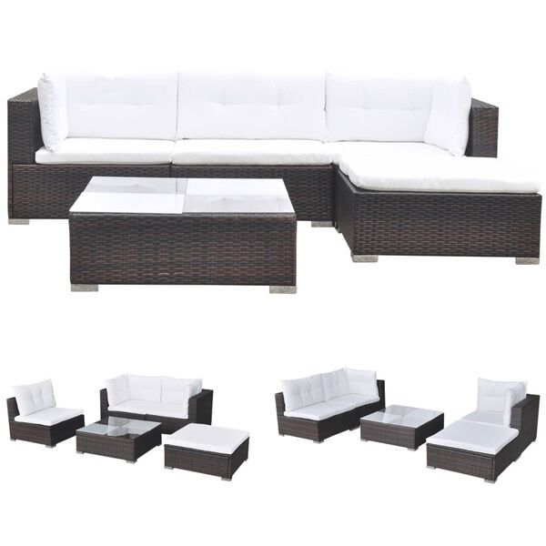 vidaXL 5 Piece Garden Lounge Set with Cushions Poly Rattan Brown